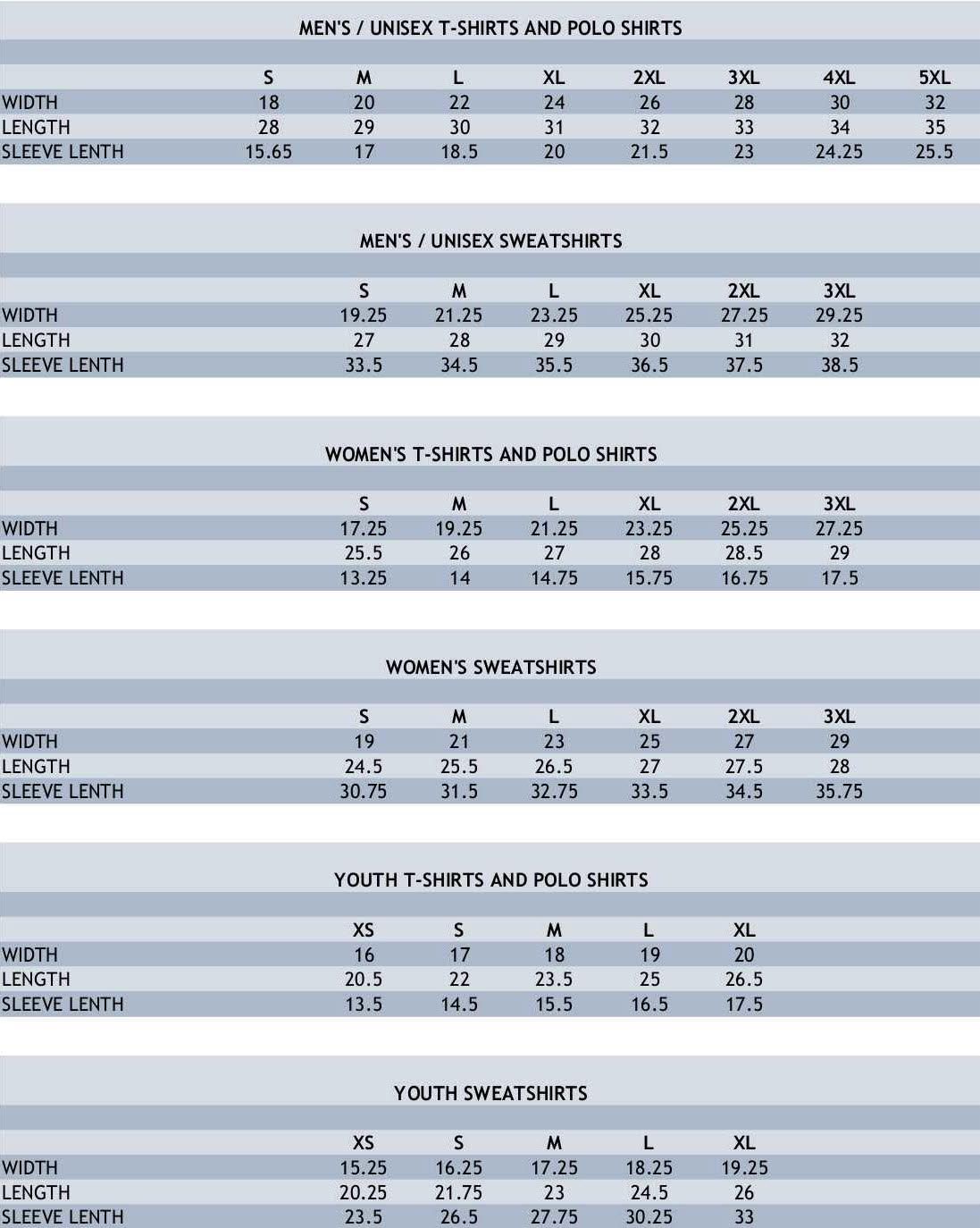 Size charts for men's, women's, and youth t-shirts and polo shirts, providing measurements in inches.