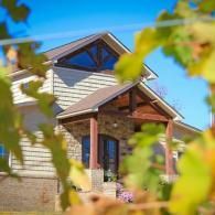 Brick house with a gray roof, framed by blurred autumn leaves against a blue sky
