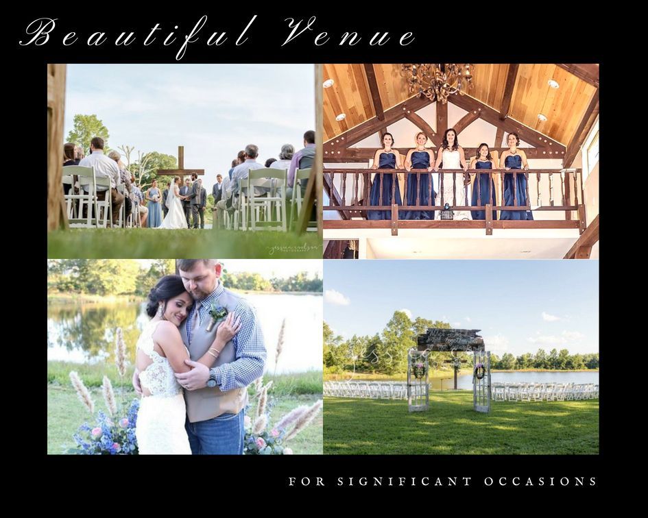 Wedding venue collage with outdoor ceremony, balcony view, couple embracing, and scenic lakeside reception