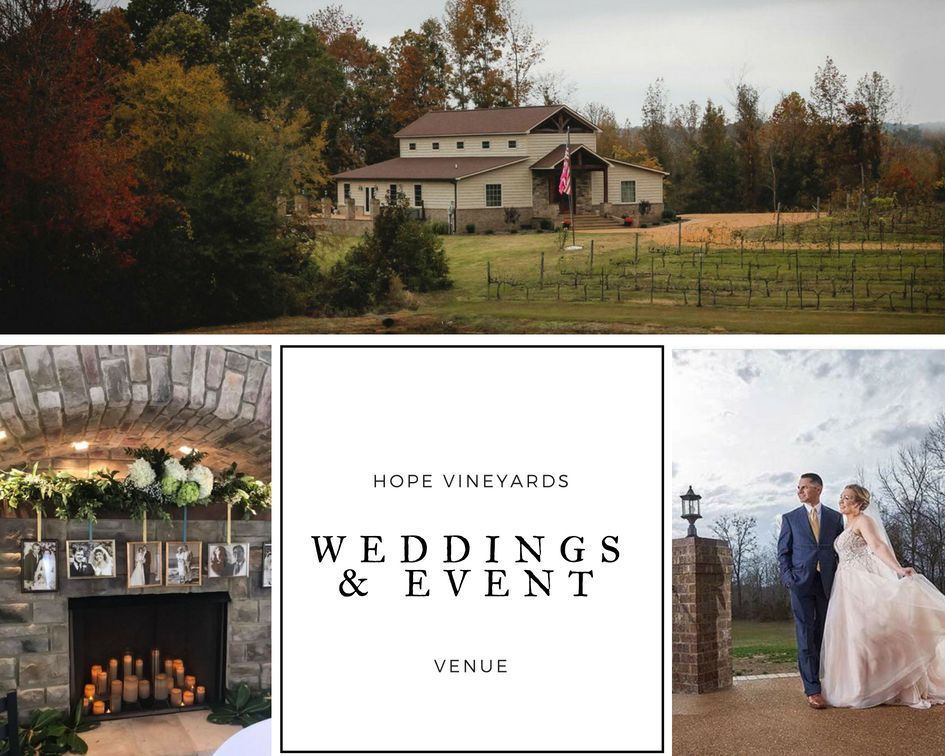 Wedding and event venue collage with rustic barn, fireplace decor, and bride and groom outdoors