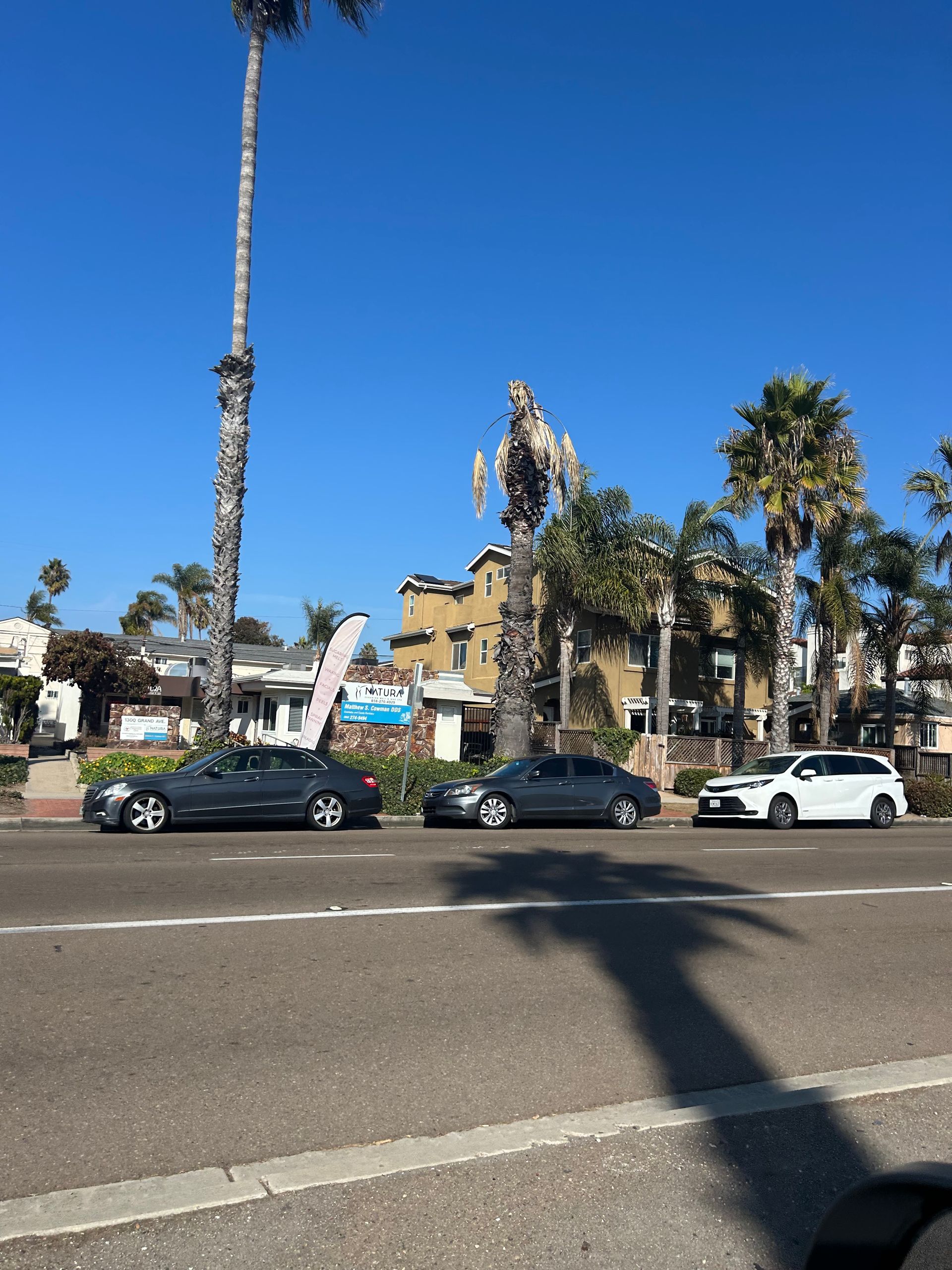 Cars parked along a street with palm trees, buildings, and a clear blue sky.