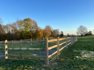 Wooden fence around a grassy field at sunset with autumn trees and blue sky