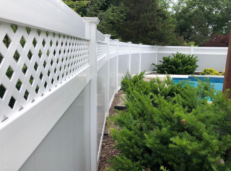 White lattice fence beside a backyard pool, with green shrubs and trees in the background