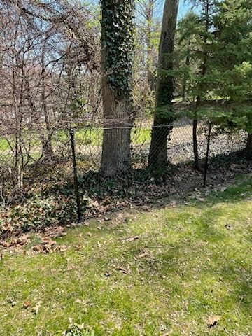 Wooded yard with leaf-covered ground, tall trees, and a wire fence by a grassy path