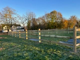 Wooden fence around a grassy paddock with trees and a house under a clear blue sky