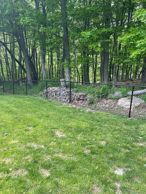 Grassy yard with a stone-bordered garden, black fence, and tall trees in a wooded area
