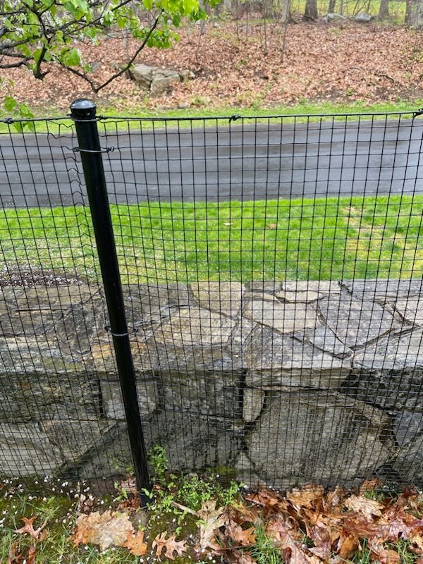 Black mesh fence beside a stone retaining wall and grassy yard with fallen leaves