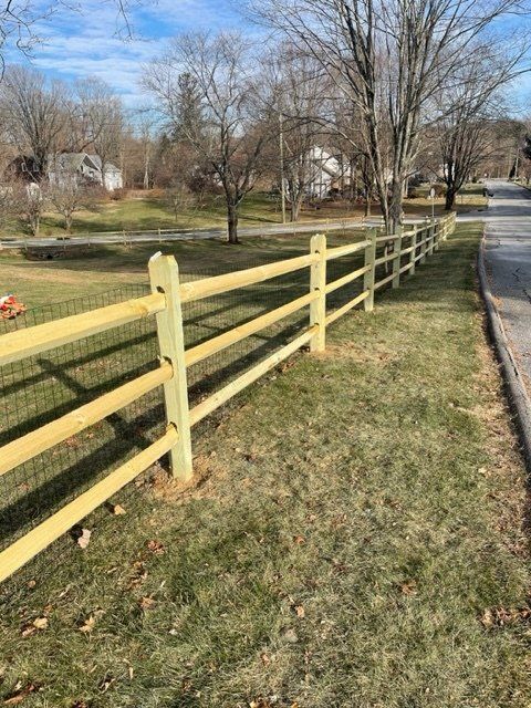Wooden fence along a grassy roadside beside leafless trees on a clear day