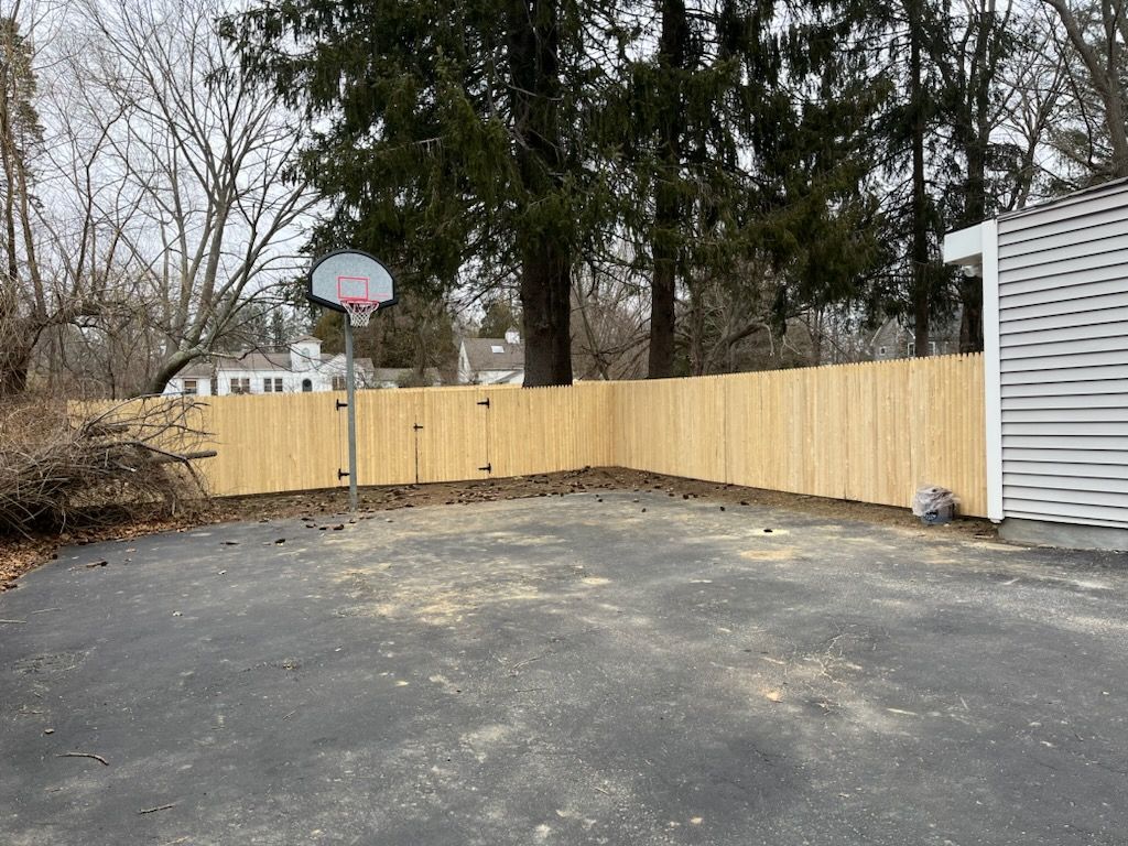Empty paved backyard with a wooden fence, basketball hoop, and a shed beside trees.