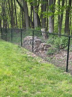 Black chain-link fence along a wooded yard beside a grassy lawn and rocks
