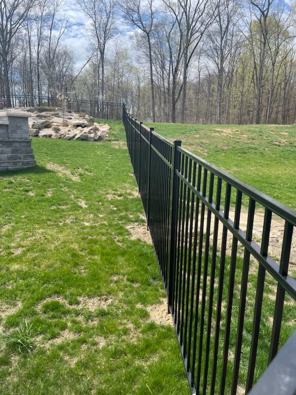 Black metal fence along a grassy yard with a stone pile and leafless trees in the background