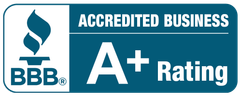 BBB Accredited Business A+ Rating logo in teal, white, and black.