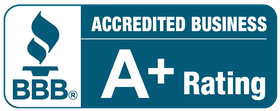 BBB Accredited Business A+ Rating logo in teal, white, and black.