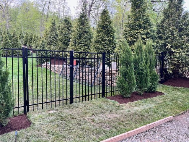 Black metal fence and gate beside a landscaped yard with shrubs and trees.