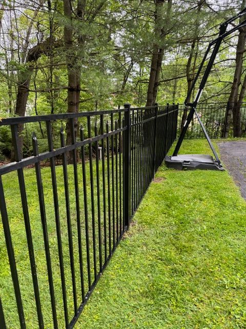 Black metal fence beside a green lawn and wooded path, with a hanging swing in the yard.