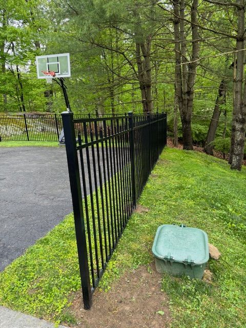 Black metal fence beside a driveway near a basketball hoop, with a green utility box by trees.