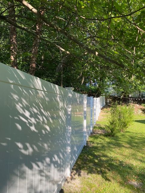 White fence along a grassy yard under leafy trees, with dappled sunlight and a small shrub in the foreground.