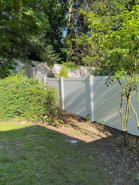 White fence along a green wooded yard in sunlight