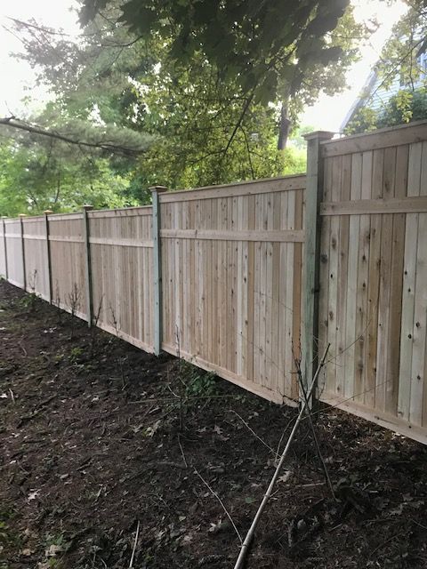 Wooden privacy fence along a muddy yard beneath leafy trees