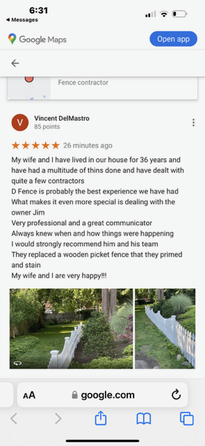 Google Maps screenshot showing a review with two garden stairway photos and a blue “Open app” button