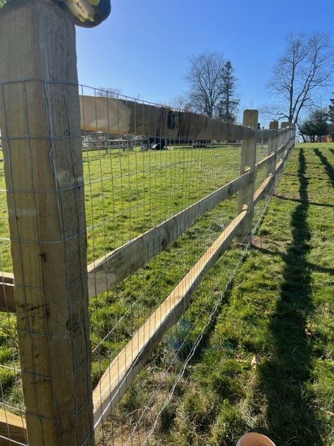 Wooden fence with wire mesh beside a grassy field under a clear blue sky