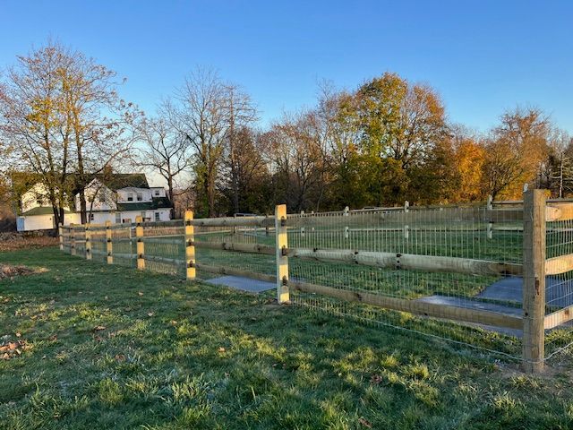 Fenced grassy field with young trees beside a house under a clear blue sky