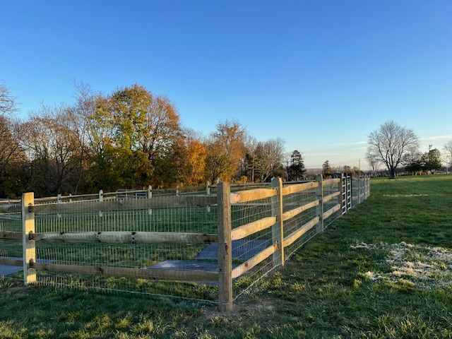 Wooden fence around a grassy field at sunset, with trees in autumn colors