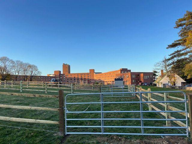 Red brick building behind a metal gate and grassy field on a sunny day