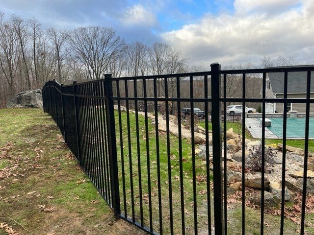 Black metal fence along a grassy path beside water and rocks under a cloudy sky