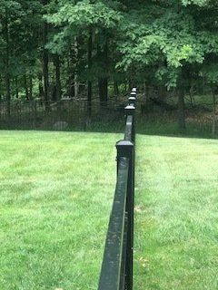 Black metal fence running through a green lawn toward a wooded area