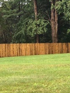 Green lawn with a wooden fence and tall trees in the background