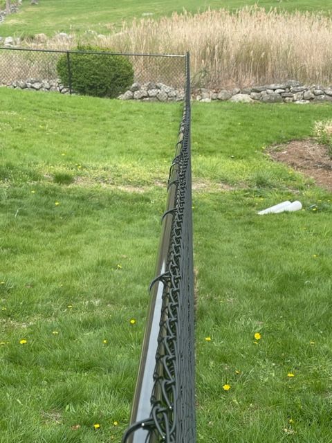 Black chain-link fence stretching through a green yard with tall grass and stone edging in the background