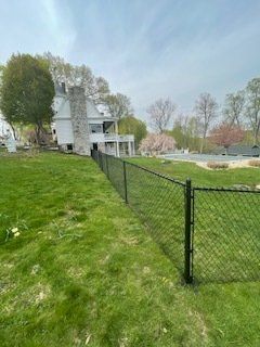 Grassy yard with a black chain-link fence beside a white house and trees on a spring day
