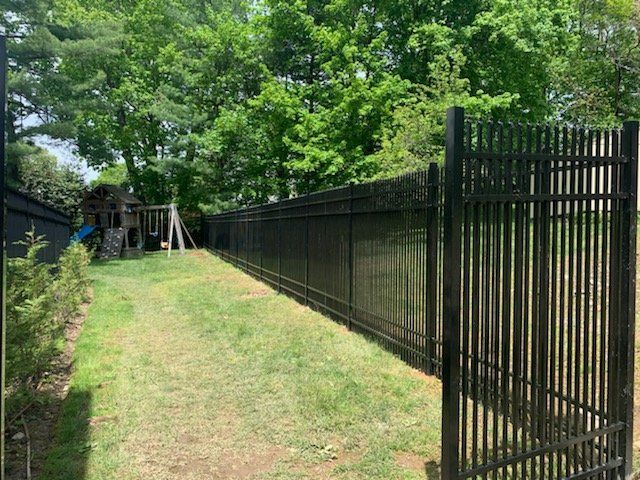 Long black metal fence beside a grassy path under green trees