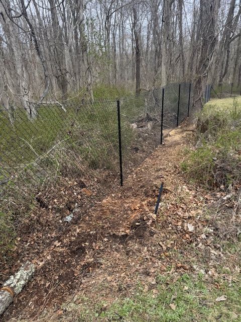 Narrow dirt path with black chain-link fence through a wooded area in late winter.