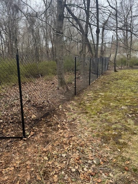 Chain-link fence along a wooded path with bare trees and brown leaf-covered ground.