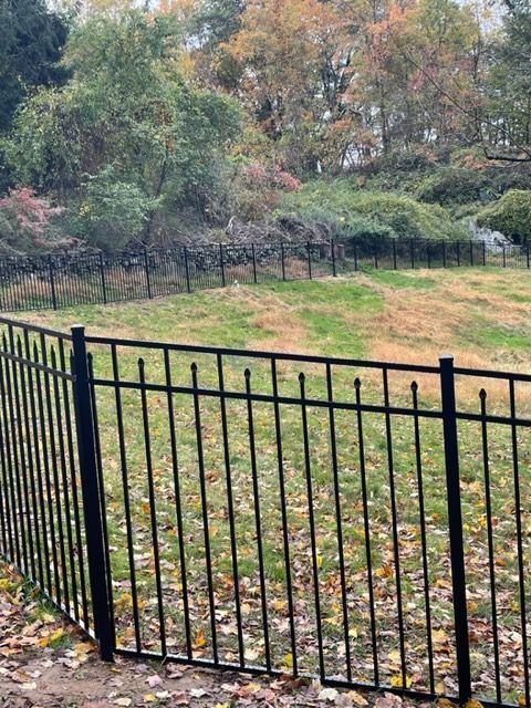 Black metal fence in a leaf-covered park with trees and a grassy field in the background