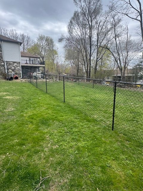 Backyard lawn with chain-link fence, bare trees, and a house under a cloudy sky