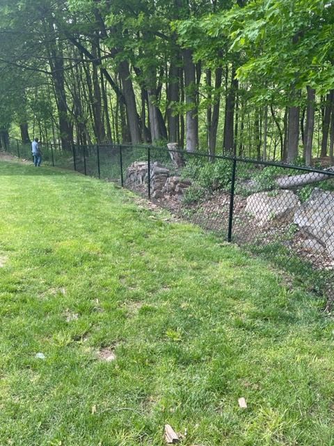 Grassy park beside a black chain-link fence and wooded area, with a person walking in the distance