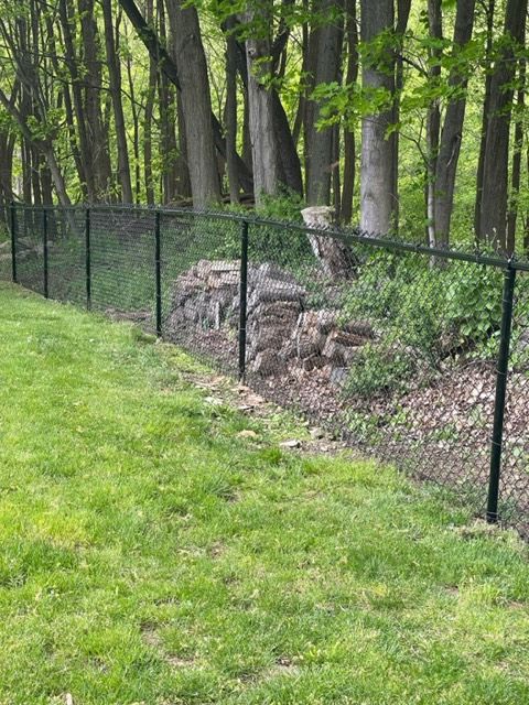 Black chain-link fence along a wooded backyard beside a grassy lawn and rock border.