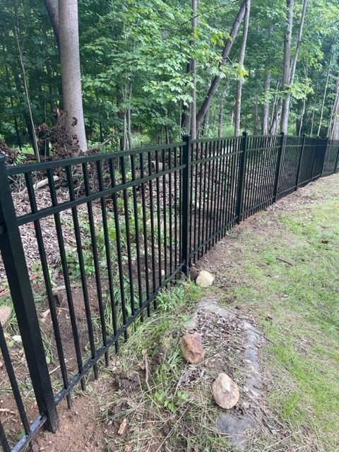 Black metal fence beside a grassy path, with trees and dense woods in the background.