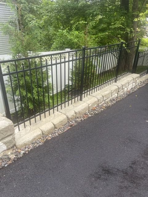 Black metal fence beside a wooded roadside with stone curb and wet pavement