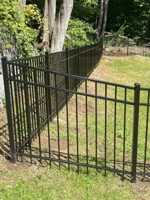 Black metal fence enclosing a grassy yard beside trees and bushes