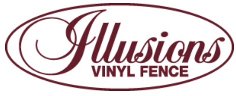 Illusions Vinyl Fence logo in burgundy script with oval border on white background