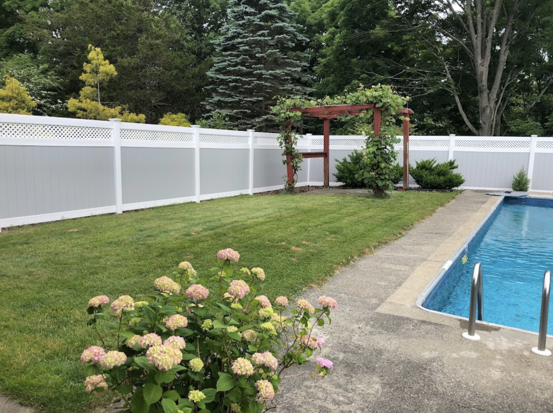 Backyard with pool, green lawn, white fence, and flowering shrubs beside a wooden pergola.