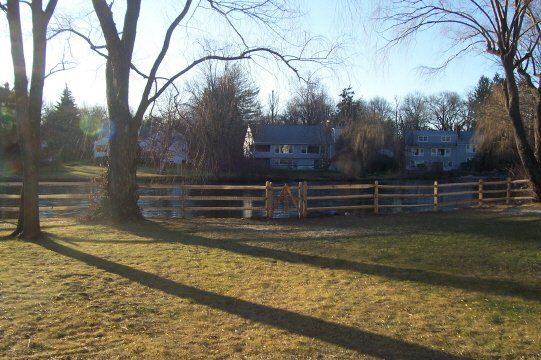 Sunny field with leafless trees, wooden fence, and houses in the background