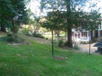 Grassy yard with trees and a house in the background, seen from a shaded slope
