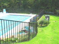 Backyard swimming pool with black fence, green lawn, and trees in the background