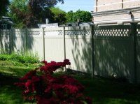 Sunlit garden with white lattice fence, green shrubs, and red flowers in the foreground