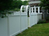 White picket fence with arched gate along a green lawn beside a house